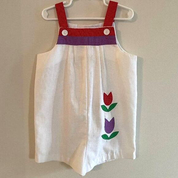 Vintage Coming Thing Romper/Overalls with Tulips in Red,‎ Purple & Green Size 6 - Picture 5 of 7